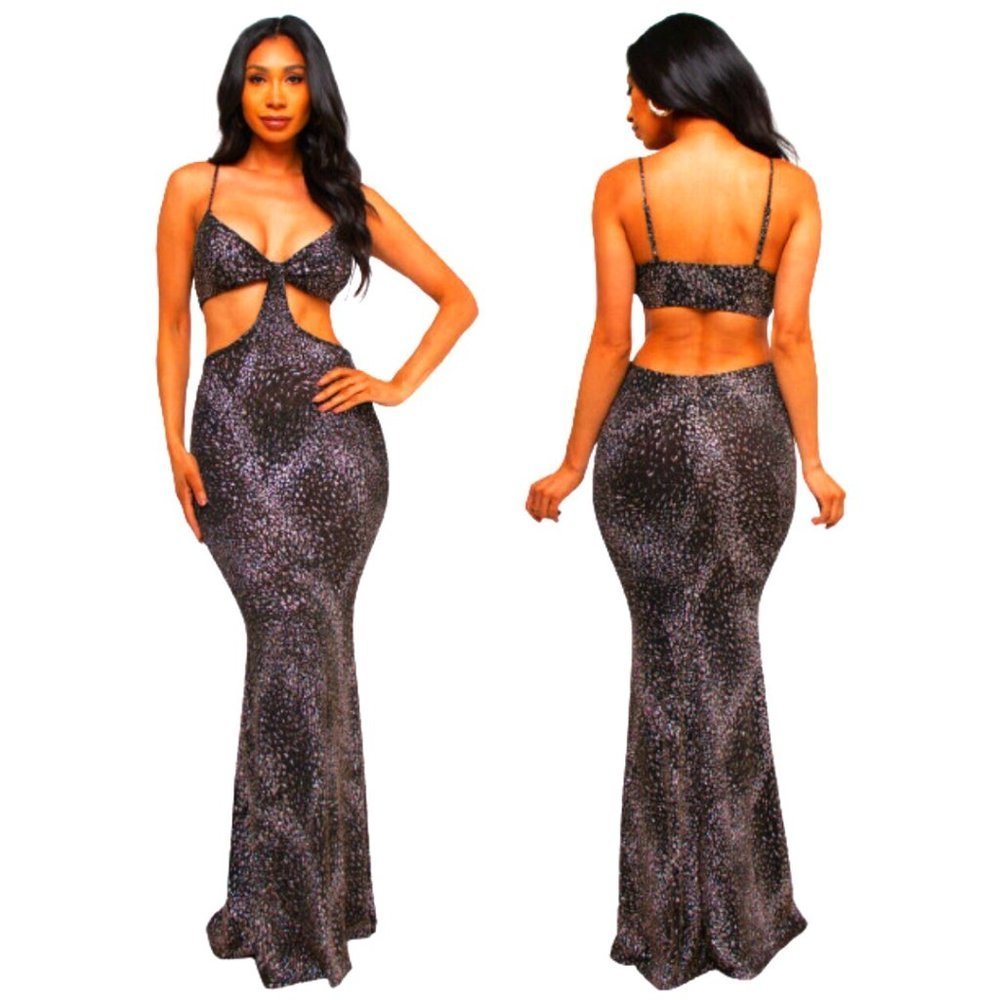 NEW Elegant Sparkly Glittering Cut Out Evening Gown Maxi Dress